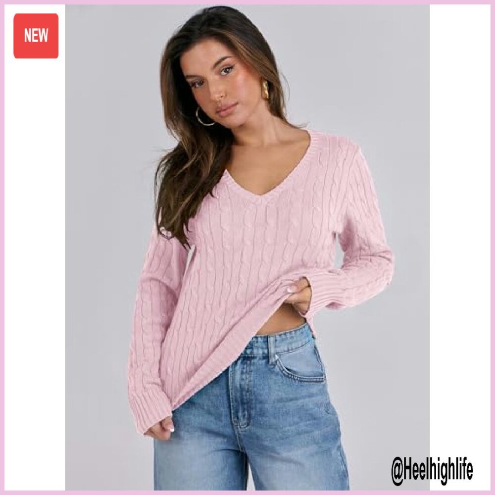 Slim Fit Cable Knit V-Neck Sweater Long Sleeve Pullover Business Casual - Picture 5 of 8